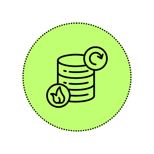 Icon of stacked coins with a fire and recycle symbol on a green circle