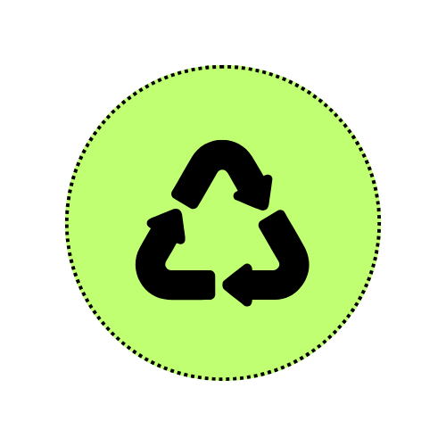 Recycling symbol on a bright green circle with a black outline