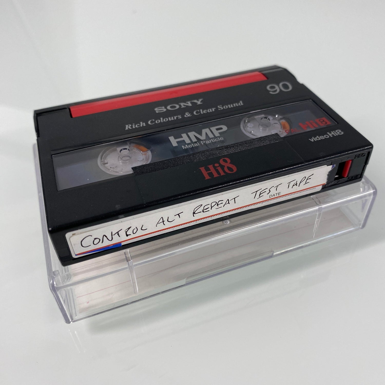 Sony Hi8 video cassette tape with a label on a white background